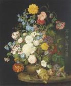 A Vase Of Camelias, Pansies, Dahlias, Roses And Poppies