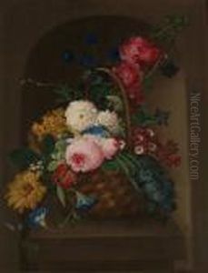 Roses, Morning Glory, Narcissus, Poppies And Other Flowers In A Basket In A Stone Niche