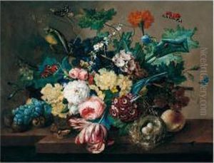 Still Life Of Roses, Tulips,
Popies, Morning Glory And Hollyhocks In A Wicker Basket, With Grapes,
Medlars, A Peach And A Bird's Nest, Arranged Upon A Stone Ledge,
Together With A Green Finch And Butterflies by Franz Xaver Petter