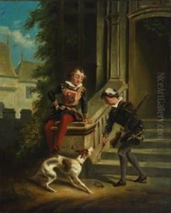 Young Page And Swordsman Leashing An Unruly Hound Young Page And Swordsman Leashing An Unruly Hound