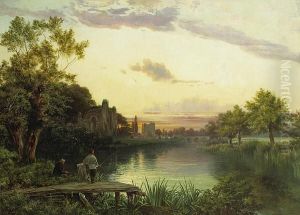 Anglers At Sunset By The Ruins Of An Abbeywith A Village Beyond