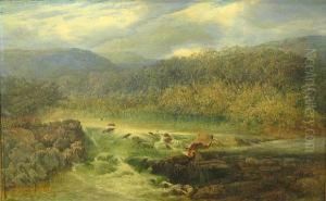 A River Landscape With An Artist Sketching On A Rock Mid-stream by Joseph Paul Pettitt