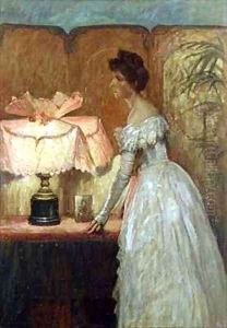 Lamplight Study of Interior with Lady by Sir Frank Dicksee