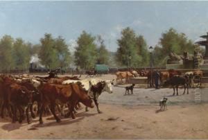 Cows Watering At A Public Square by Aymar Pezant