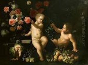 Due Putti Con Rose, Garofani E Altri Fiori E Frutti En Plein Air by Maximilian Pfeiler