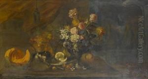 Chrysanthemums, Tulips, 
Convolvulus And Otherflowers In A Pewter Urn, On A Table-top, With 
Grapes, Apples,lemons, A Pumpkin, And A Dog