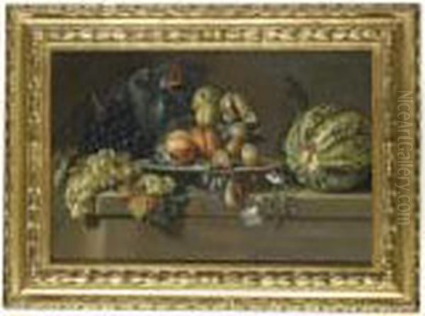 A Still Life With Figs, Grapes, Peaches, Plums And A Watermelon On A Ledge - view 1