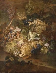 Grapes On The Vine And Blackberries On A Stone Ledge by Maximilian Pfeiler