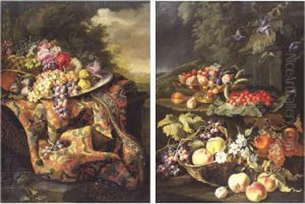 Still Life Of Figs And Grapes On
 A Pewter Platter With A Basket Of Flowers On A Carpeted Ledge, With A 
Wooded Landscape Beyond; Still Life Of Plums And Cherries In A Tazza 
Resting On A Ledge With Wild Strawberries On A Large Leaf, A Basket With
 Gr - view 1