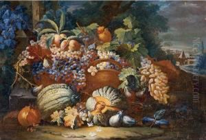 Still Life Of Melons, Grapes, Peaches And Other Fruit In A Landscape by Maximilian Pfeiler