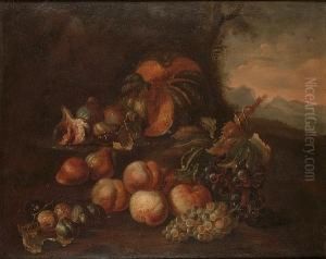 A Melon, Figs, Plums And Grapes In A Landscape With Mountains Beyond