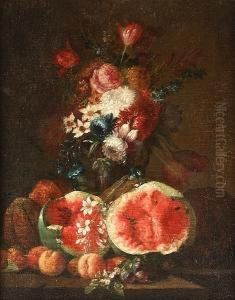 Tulips, Roses, Chrysanthemums,
Narcissi And Other Flowers In A Vase With Melons, Peaches, Watermelons
And Grapes On A Ledge by Maximilian Pfeiler