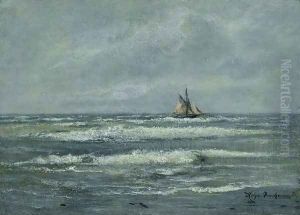 Coastal landscape with sailing boat by Holger Drachmann