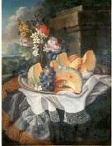 Nature Morte Au Plat De Melon Et
Raisin Bouquet De Fleurs Et Nappe Brodee Sur Fond De Paysage by Maximilian Pfeiler