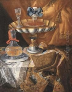 A Wine Glass On A Silver-gilt Tazza, With A Glass Jug On A Drapedtable, By A Curtain