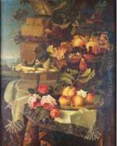 Nature Morte Aux Coupes De 
Fruits, De Biscuits Et Aux Roses Disposees Sur Une Nappe Brodee by Maximilian Pfeiler