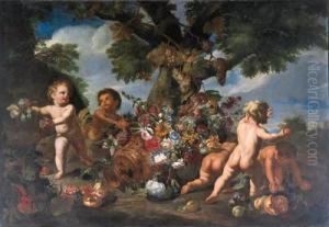 Putti Playing With Fruit By An Upturned Urn Of Flowers by Maximilian Pfeiler