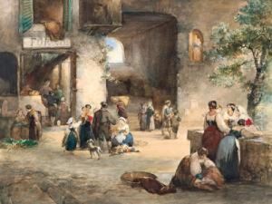 Piazza Romana Con Donne Alla Fontana E Panetteria