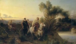 Arab Horsemen Fording A Stream by Henri Felix Emmanuel Philippoteaux