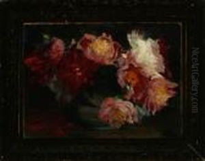 A Still Life With Red And White Peonies In A Vase On A Table by Sally Philipsen