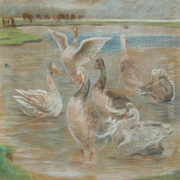 Geese And Cows Atthe Watering Place - view 1