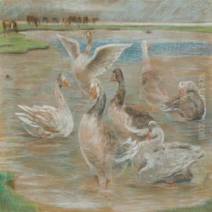 Geese And Cows Atthe Watering Place by Theodor Esbern Philipsen