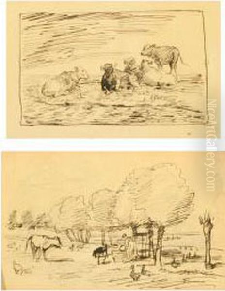 Girl Feeding Theanimals And Landscape With Cows - view 1