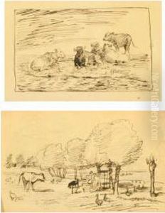 Girl Feeding Theanimals And Landscape With Cows