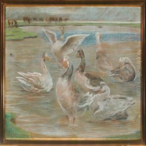 Geese And Cows Atthe Watering Place by Theodor Esbern Philipsen