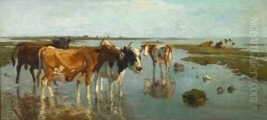 Cows In Shallow Water, Saltholm. Signed Monogram