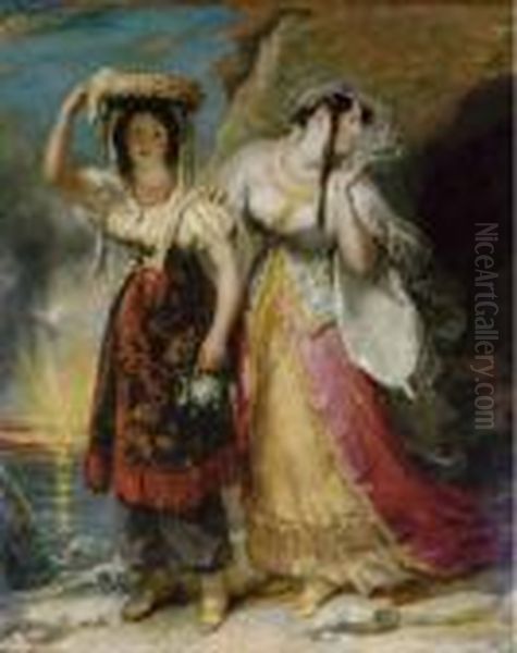 Women Walking Along The Shore By A Cave - view 1