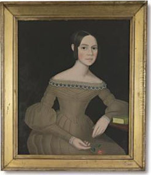 Portrait Of A Dark-haired Young Woman Wearing Light-brown Dress Holding A Spray Of Pinks - view 1