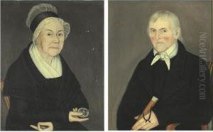 A Pair Of Portraits: Lady With Eagle Snuff Box And Gentleman With Walking Stick by Ammi Phillips