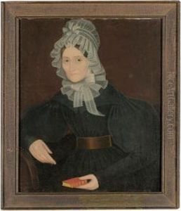 A Portrait Of A Lady Wearing An 
Elaborate Lace Bonnet And Matching Collar, And Holding A Red Bible by Ammi Phillips