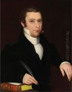 Portrait Of A Dark-haired Gentleman With Pen And Bible by Ammi Phillips