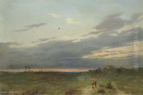Figures On A Track In A Landscape At Dusk - view 1