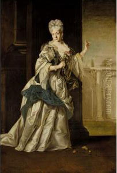 A Portrait Of A Noblewoman, Full
Length, Standing In A Classical Palace And Wearing A White Satin Dress
And Pearl Neclace - view 1