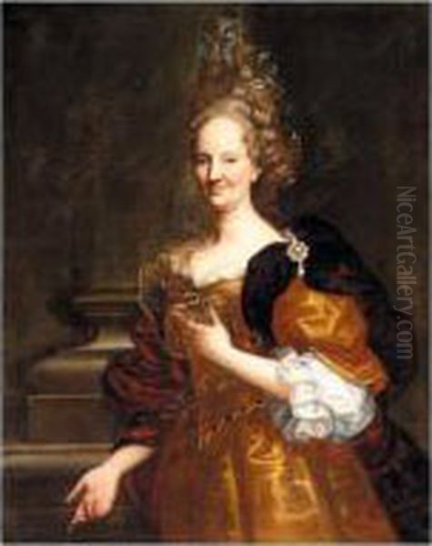 Portrait Of A Lady, Three-quarter Length, Wearing A Gold Dress, Standing Before A Column - view 1