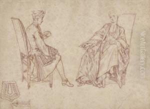 Un Couple Assis, Jouant Aux Cartes, Etude Subsidiaire De Dentelle by Bernard Picart
