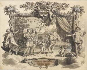 Deux Epoux Guides Par L'amour
Vers L'hymen Et Se Dirigeant Vers Lelit Nuptial, Dans Un Encadrement Et
Flanque De Venus Et Hebe, Deuxputti Portant Les Armes Du Marquis De
Calviere by Bernard Picart