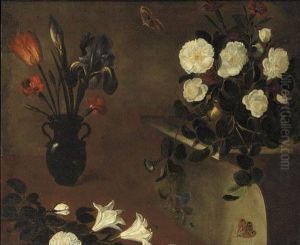 An Iris, A Tulip And Carnations 
In A Vase With Roses In A Copper Bowl On A Pedestal Nearby - A Fragment by Bernard Picart