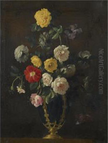 A Still Life With Roses And Various Other Flowers In A Vase - view 1