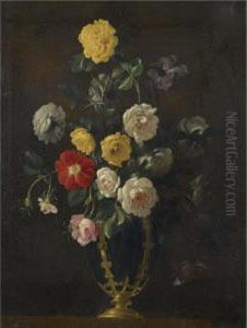 A Still Life With Roses And Various Other Flowers In A Vase by Jean Picart