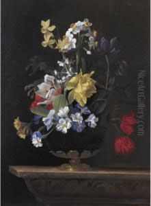 A Still Life Of Flowers In A Ormulu Mounted Lapis Lazuli Vase On A Stone Ledge
