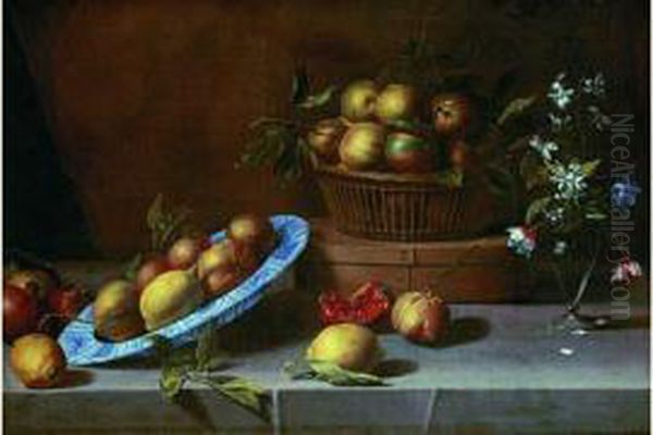 Nature Morte Aux Plat De 
Citrons, Panier De Bigarades Et Vase De Fleurs Sur Un Entablement - view 1