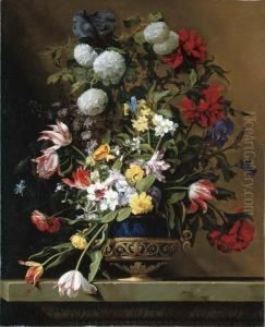 Chrysanthemums, Tulips, Irises,
Peonies And Other Flowers In Alapis Vase With Gilt Ormolu On A Sculpted
Stone Ledge Chrysanthemums, Tulips, Irises,
Peonies And Other Flowers In Alapis Vase With Gilt Ormolu On A Sculpted
Stone Ledge
