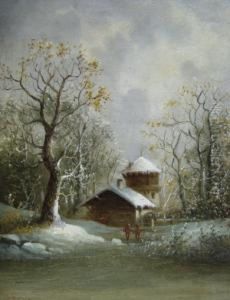 C- Figures By A Frozen Pond With A Mill And Woodland