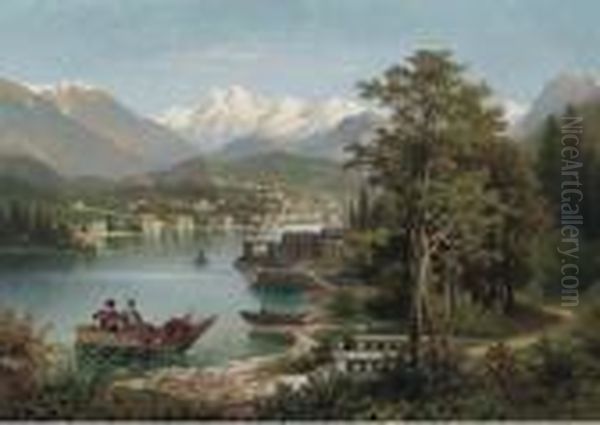 Figures Boating In An Austrian Lake Landscape - view 1