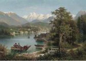 Figures Boating In An Austrian Lake Landscape