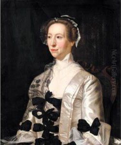 Portrait Of A Lady, Half Length, Wearing A White Satin Dress With Black Bows by Henry Pickering
